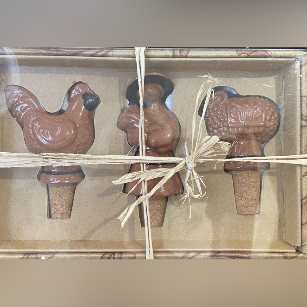 Wine Stoppers 
Vintage Enesco
 Kim Lawrence Terra Copper Rooster, Woman, Ram